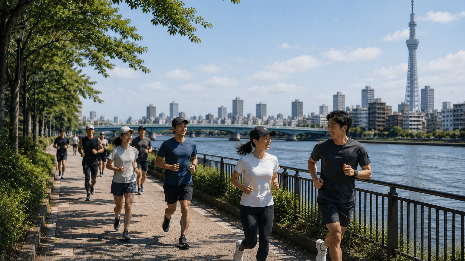 隅田川沿いを走る浅草ラン参加者のイメージ